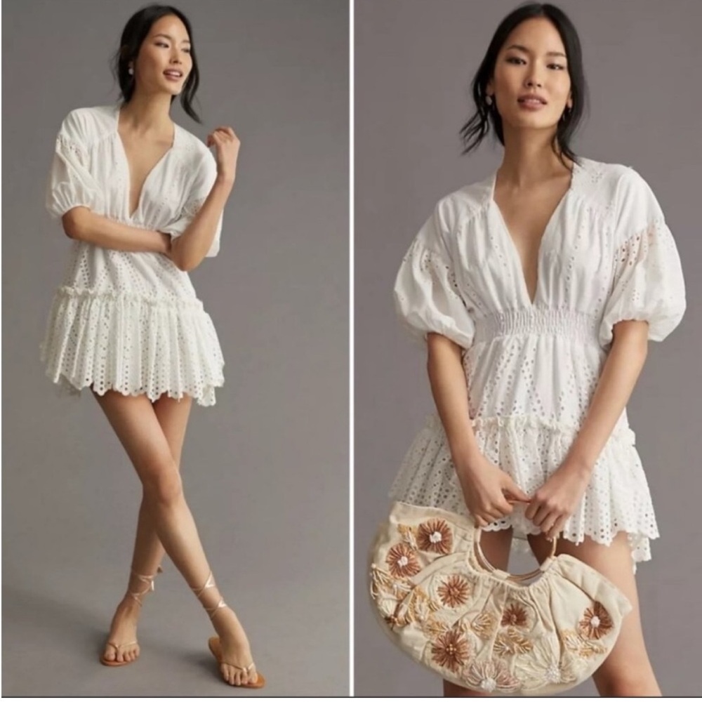 MISA Los Angeles Seven Eyelet Embroidery Cotton Mini Dress Size Small